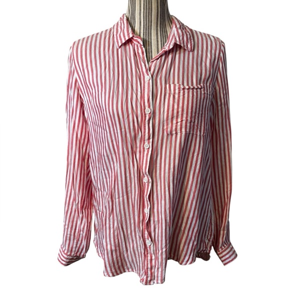 beachlunchlounge Tops - beachlunchlounge Shirt Medium Red White Striped Collared Button-Down Long-Sleev